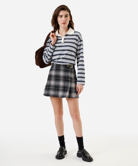 minissaia feminina com lã xadrez cinza