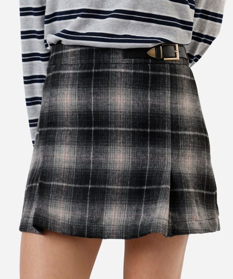 minissaia feminina com lã xadrez cinza