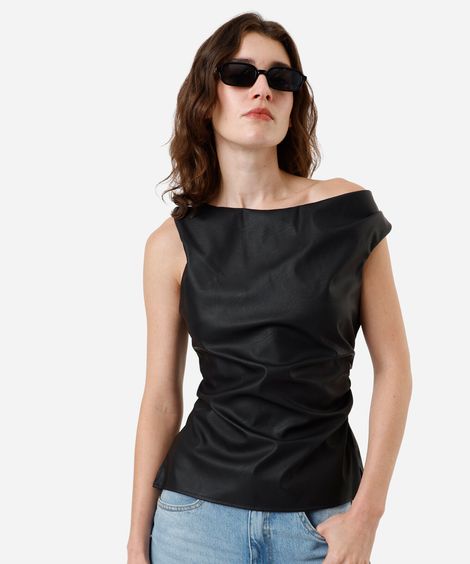blusa feminina de poliuretano franzida preta