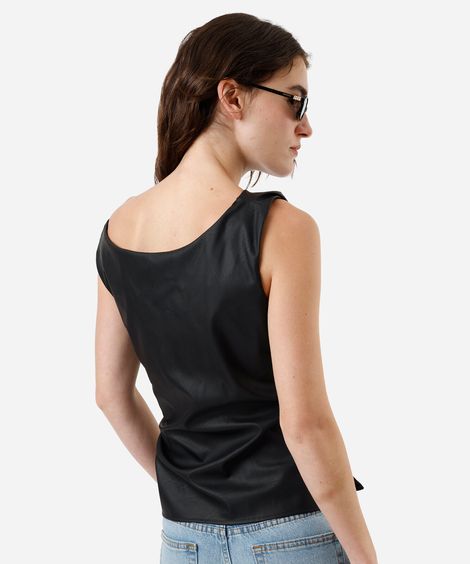 blusa feminina de poliuretano franzida preta