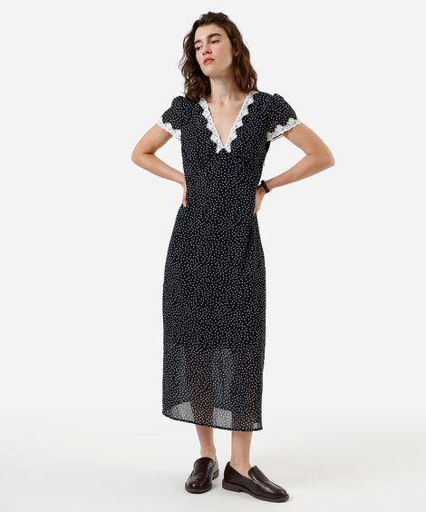 vestido midi feminino com renda poá azul