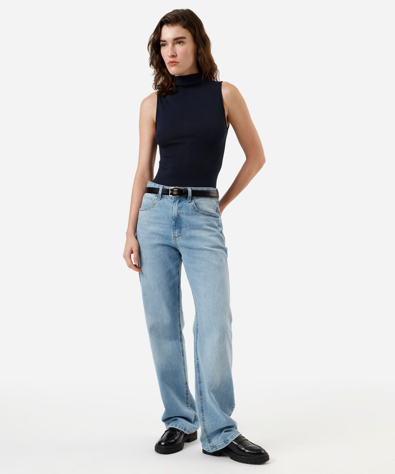 blusa feminina de algodão gola alta canelada azul