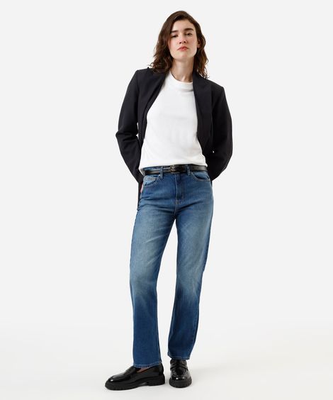 calça reta slim feminina jeans cintura alta azul