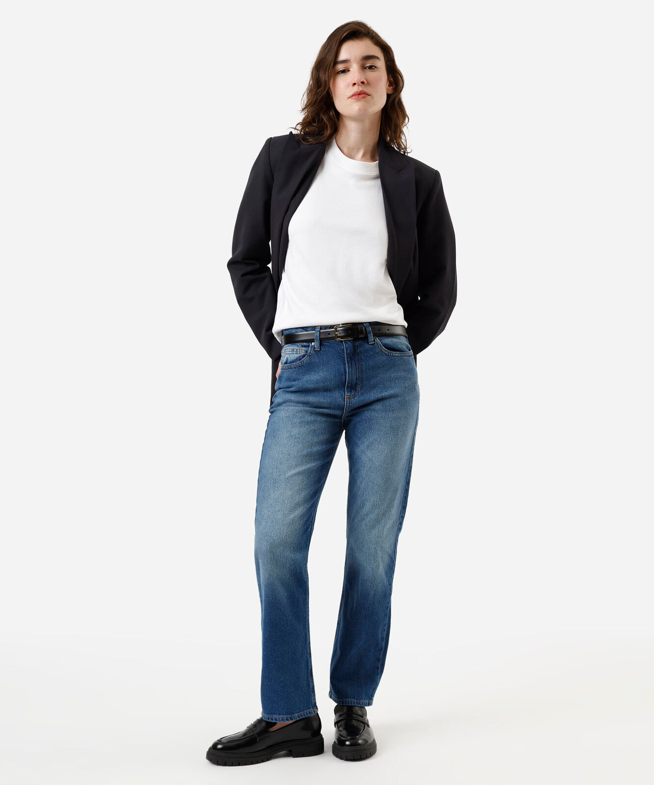 calça reta slim feminina jeans cintura alta azul
