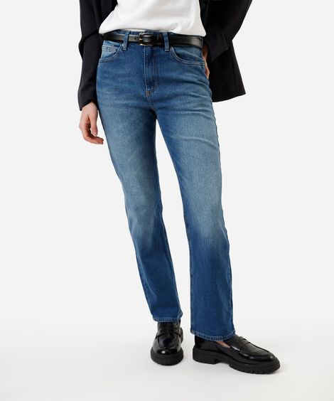 calça reta slim feminina jeans cintura alta azul