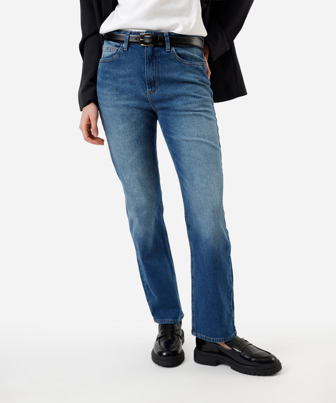 calça reta slim feminina jeans cintura alta azul