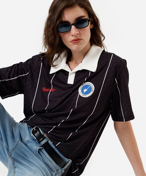 polo unissex manga curta rock in rio listrada preta