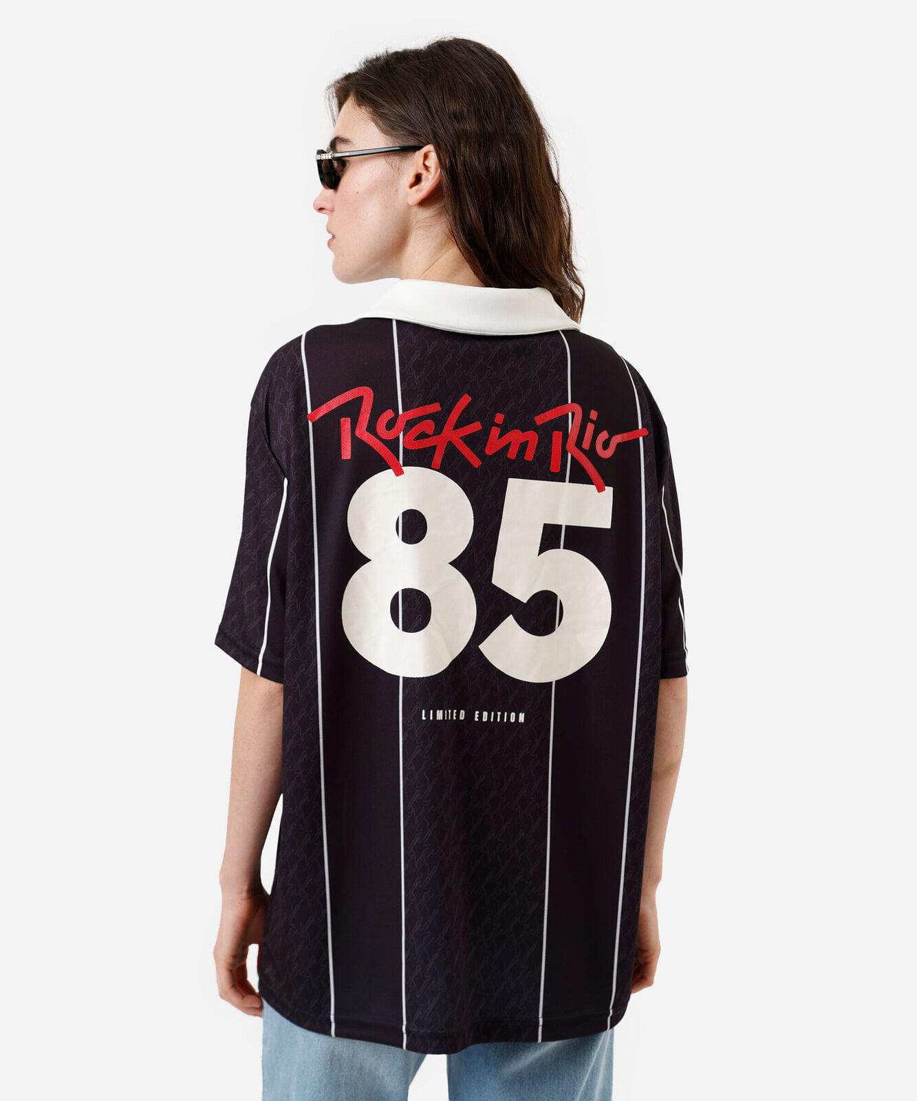 polo unissex manga curta rock in rio listrada preta