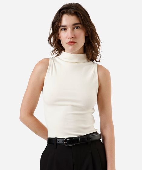 blusa feminina de algodão gola alta canelada bege