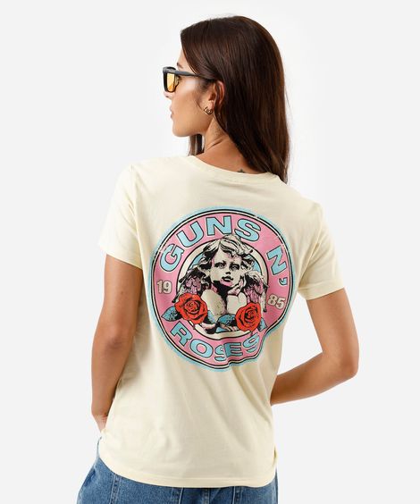 camiseta feminina de algodão manga curta guns and roses amarela