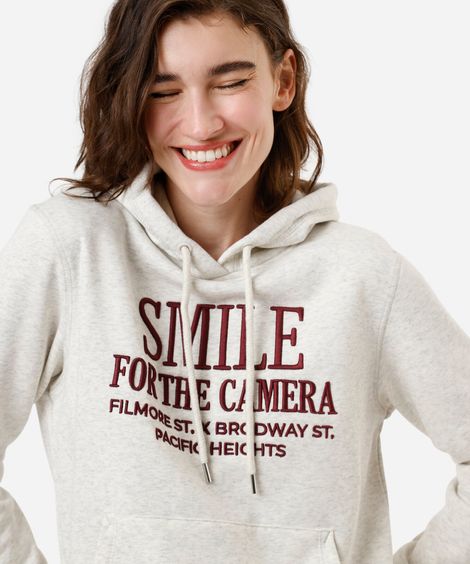 blusão feminino de moletom com capuz e bordado cinza