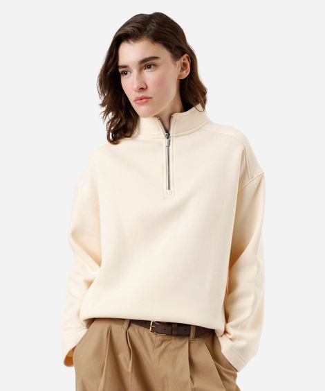 blusão feminino de moletom gola alta com zíper bege
