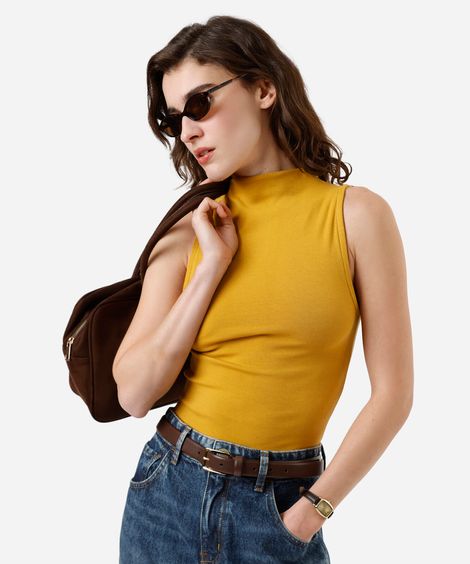 blusa feminina de algodão gola alta canelada amarela