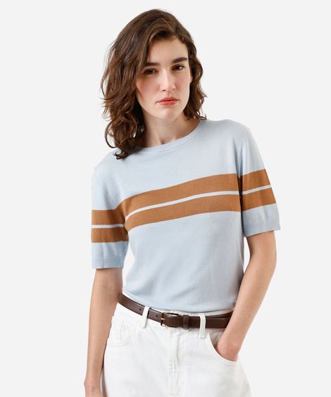 blusa feminina de tricot manga curta listrada azul