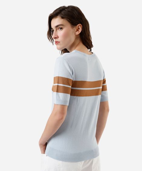 blusa feminina de tricot manga curta listrada azul