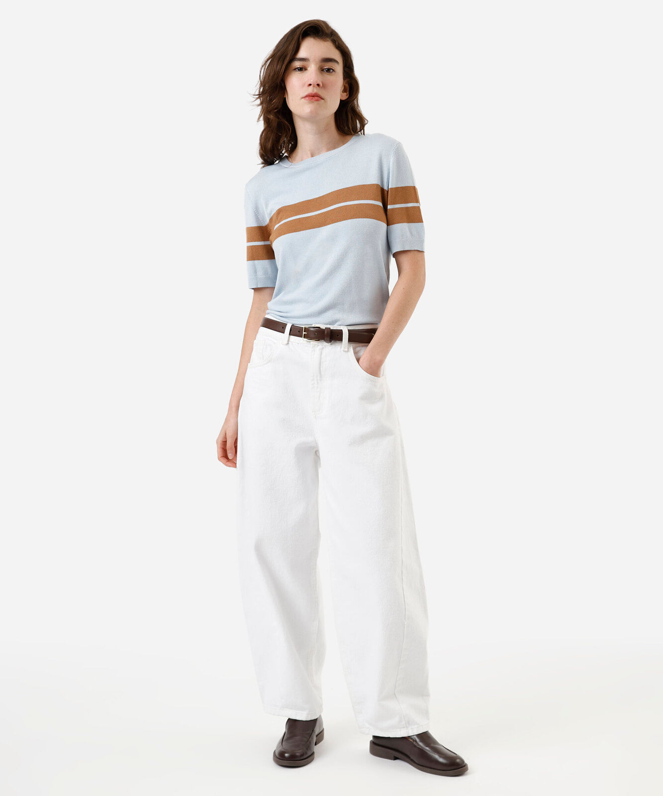 blusa feminina de tricot manga curta listrada azul