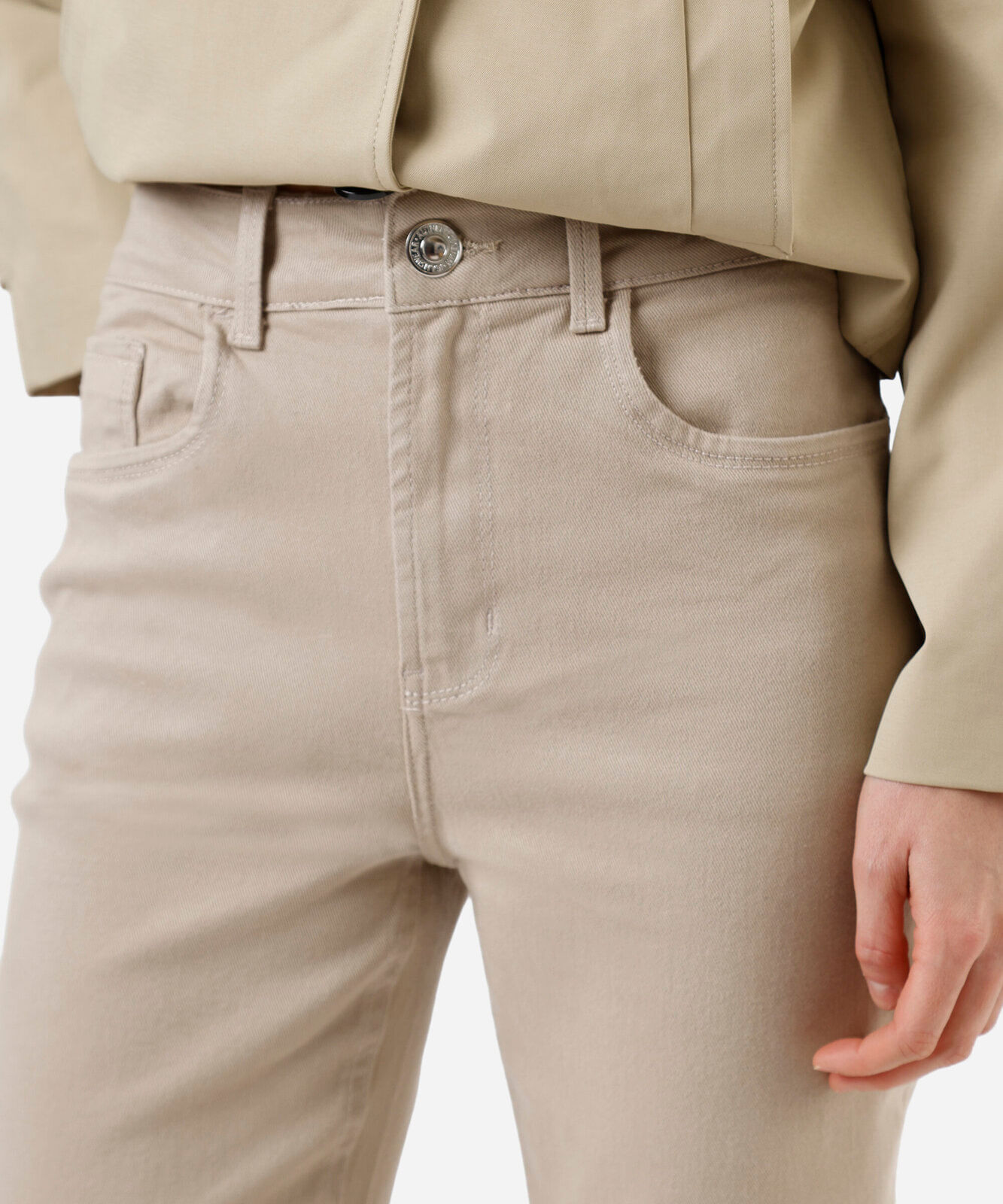 calça flare feminina de sarja cintura alta bege