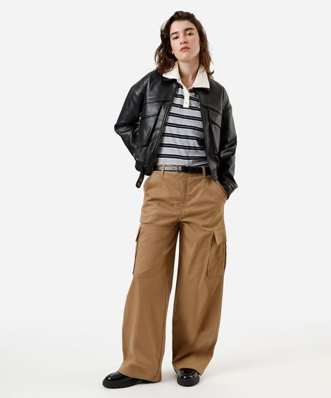 calça skater cargo feminina de sarja cintura baixa bege