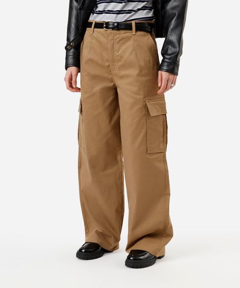 calça skater cargo feminina de sarja cintura baixa bege