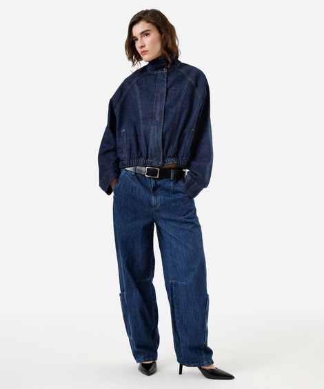 calça barrel feminina jeans com bolso deslocado cintura média azul