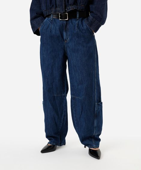 calça barrel feminina jeans com bolso deslocado cintura média azul