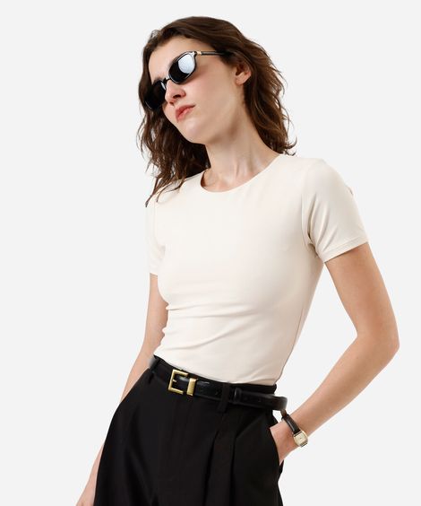 blusa feminina de poliamida manga curta bege