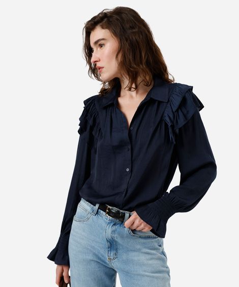 camisa feminina com babados acetinada azul