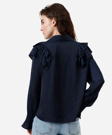 camisa feminina com babados acetinada azul