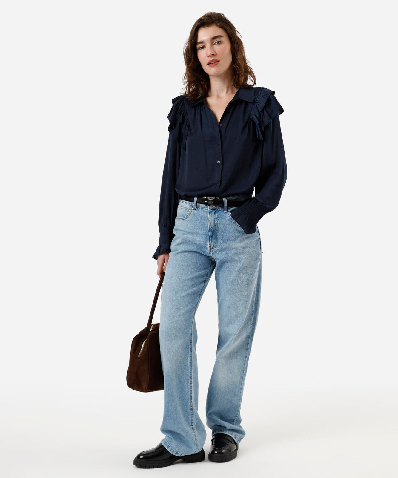 camisa feminina com babados acetinada azul