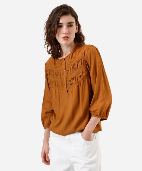 blusa feminina de viscose com renda marrom