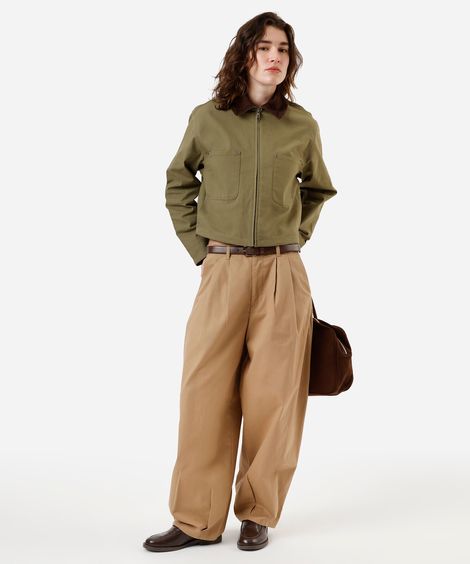 calça baggy feminina de sarja com pregas cintura média bege