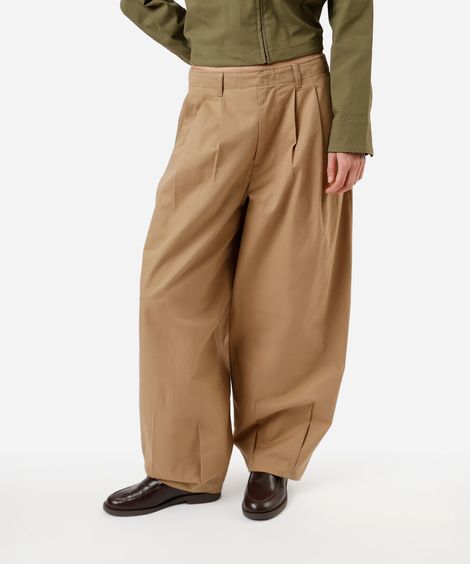 calça baggy feminina de sarja com pregas cintura média bege