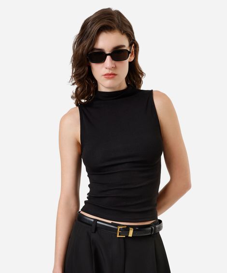 blusa feminina de algodão gola alta canelada preta