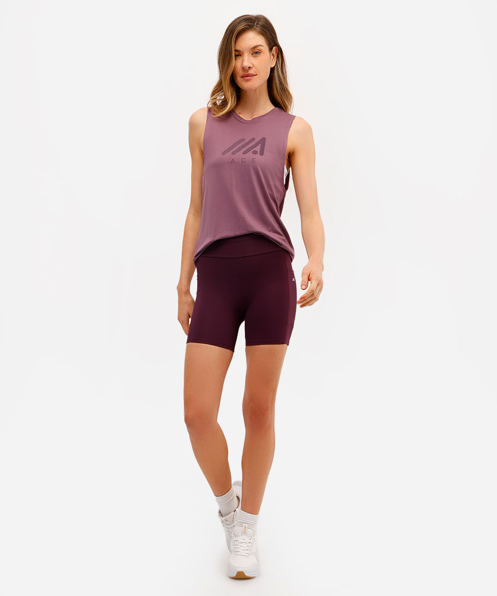 bermuda esportiva cós largo com bolso lateral roxa