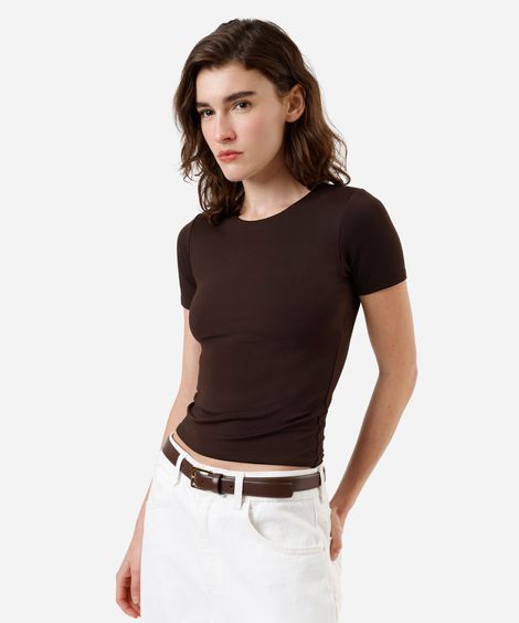 blusa feminina de poliamida manga curta marrom