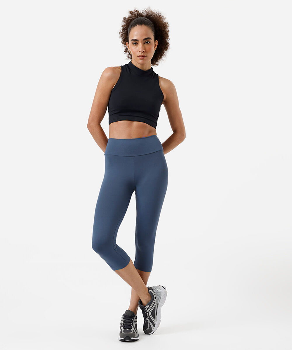 calça legging feminina básica cós largo esportiva azul