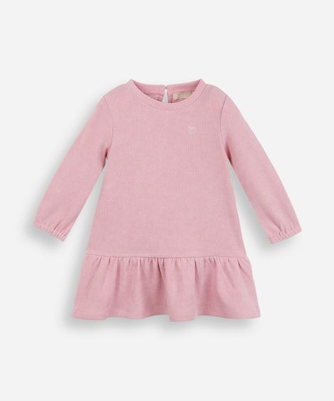 vestido infantil de veludo cotelê manga longa rosa