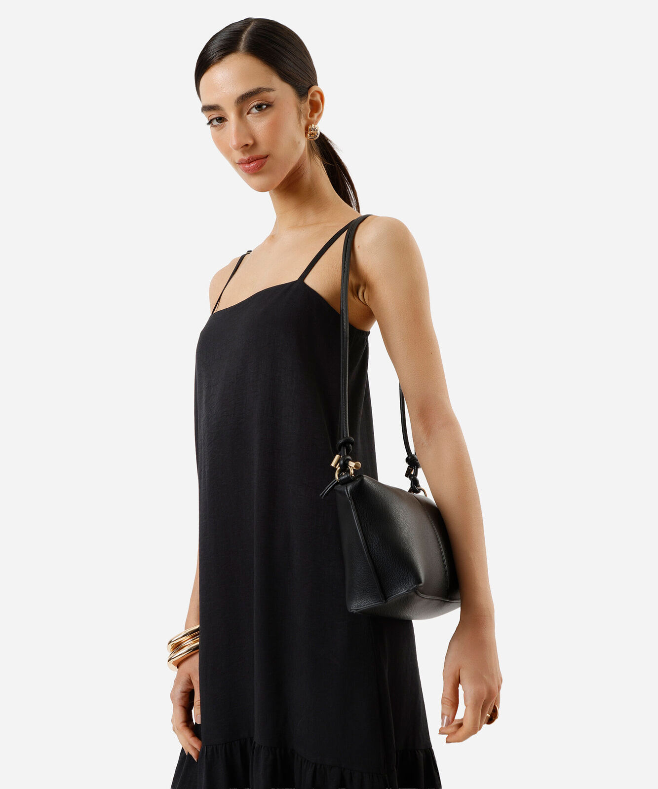あゆ　黒38 bolsa crossbody alça dupla preta