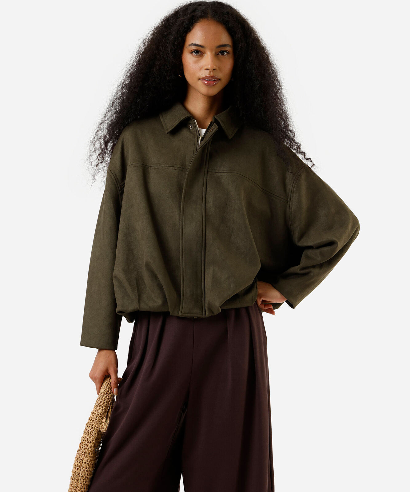 jaqueta balonê oversized feminina de suede verde