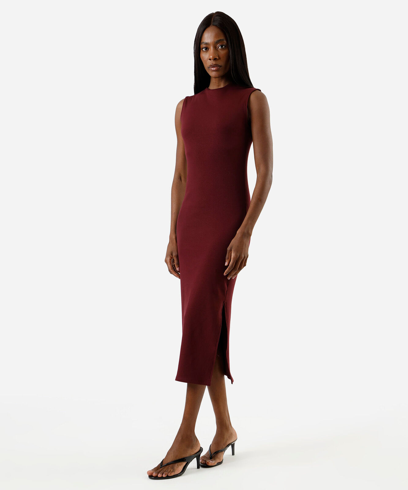 vestido midi tubinho feminino de algodão com manga japonesa e fenda  vinho