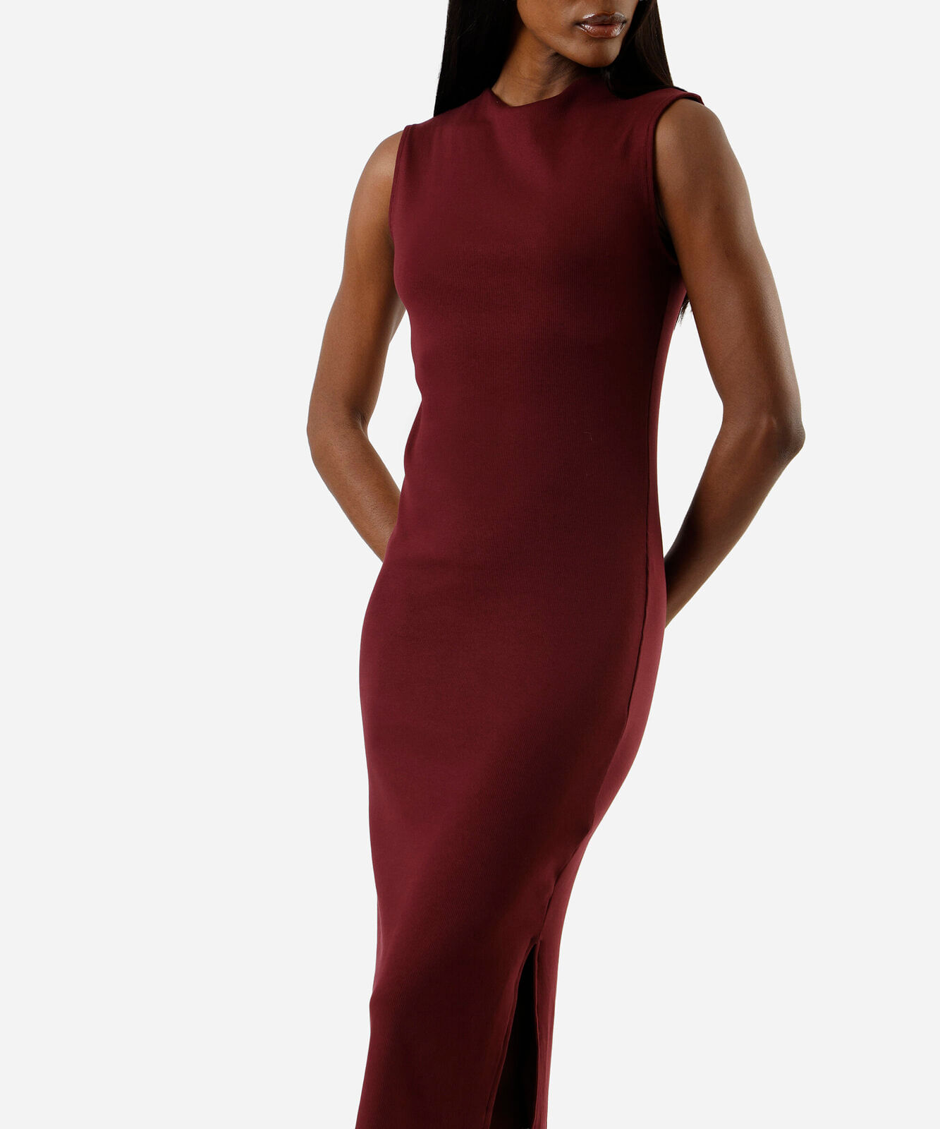 vestido midi tubinho feminino de algodão com manga japonesa e fenda  vinho