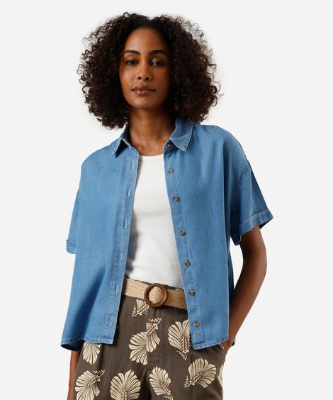 camisa jeans manga curta azul