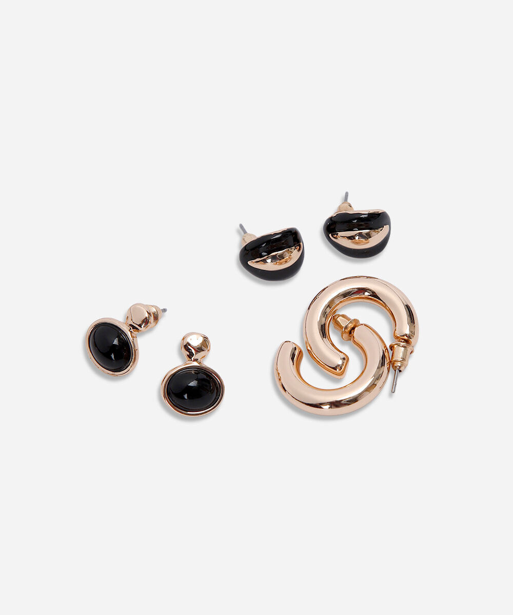 kit de 3 brincos com resina dourado