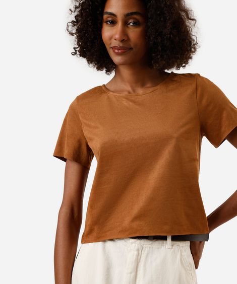 cropped de suede manga curta nude - caramelo