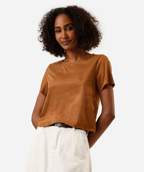 cropped de suede manga curta nude - caramelo