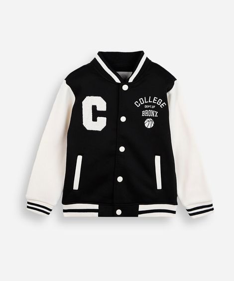 jaqueta bomber college infantil de moletom com bordado preta