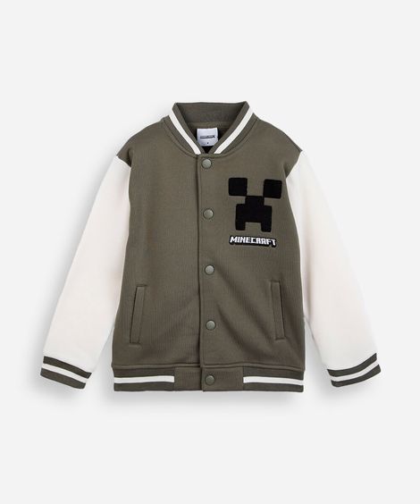 jaqueta bomber college infantil de moletom com bordado minecraft verde