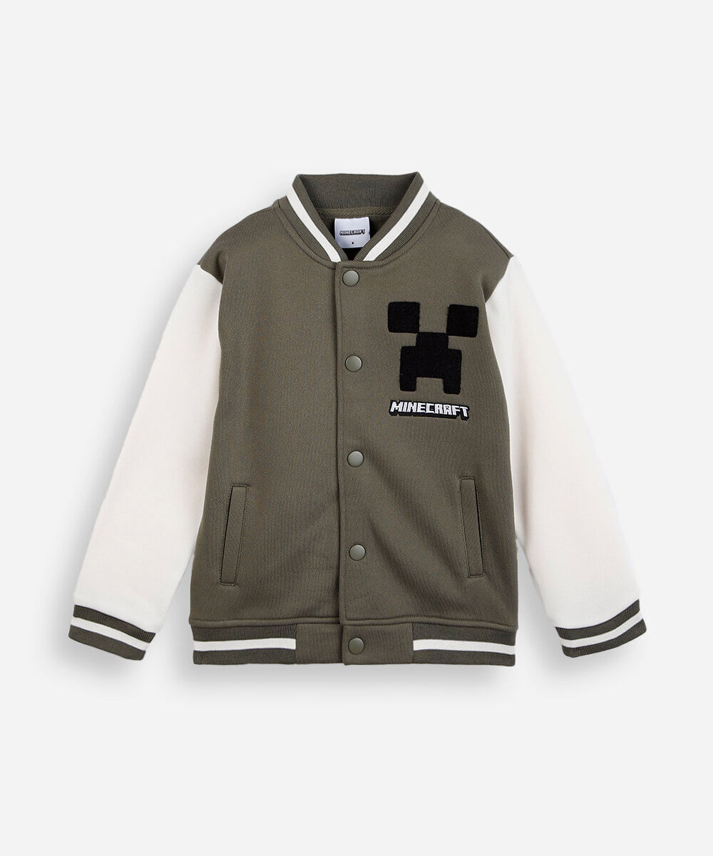 jaqueta bomber college infantil de moletom com bordado minecraft verde