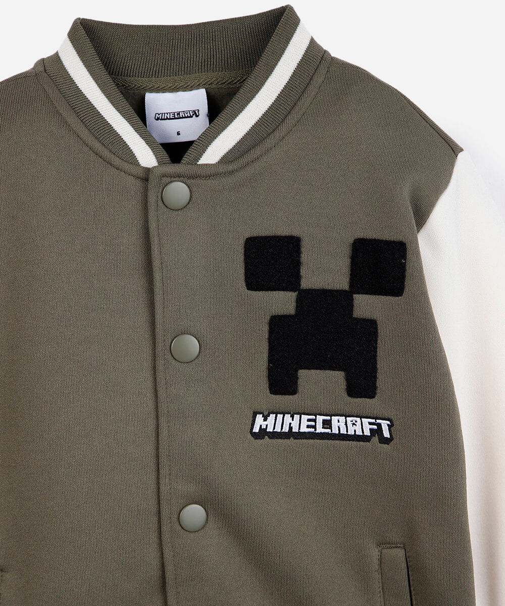 jaqueta bomber college infantil de moletom com bordado minecraft verde
