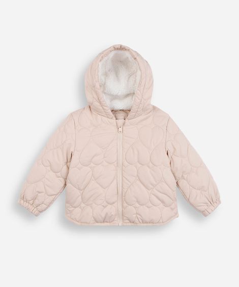 jaqueta puffer infantil coração com capuz bege